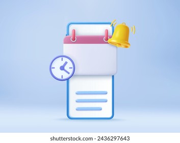 3D reminder in calendar on mobile phone. notifications icon with floating elements. Alert for business planning ,events, reminder and timetable. 3d rendering. Vector illustration