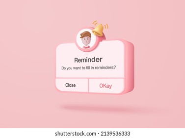 3D Reminder In Calendar On Pink Background. Notifications Push With Floating Elements. 3d Alert For Planning, Events Push, Reminder Notification In Background. 3d Vector Bell Render On Calendar