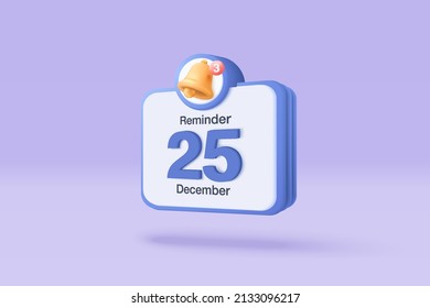 3D reminder in calendar on purple background. notifications page with floating elements. Alert for business planning ,events, reminder and timetable in background. 3d vector bell render on calendar