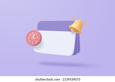 3D reminder in calendar on purple background. notifications page with floating elements. 3d alert for business planning ,events, reminder in calendar background. 3d vector bell render on calendar