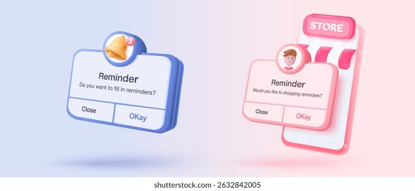 Lembrete 3D no calendário em fundo roxo. página de notificações com elementos flutuantes. Alerta para planejamento de negócios, eventos, lembrete e cronograma em segundo plano. renderização de sino vetorial 3d no calendário