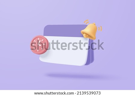 3D reminder in calendar on purple background. notifications page with floating elements. 3d alert for business planning ,events, reminder in calendar background. 3d vector bell render on calendar