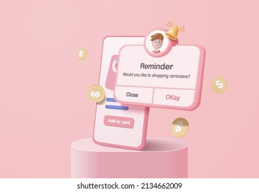 3D reminder in calendar on smartphone. notifications page with floating coin for e-commerce. Alert for online shopping planning, reminder and timetable in background. 3d vector bell render on mobile