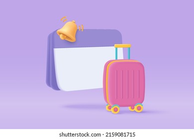 3D reminder in calendar with suitcase for travel tourism trip planning. Notifications for tourism and travel summer vacation concept. 3d vector calendar with bell alert planning render illustration