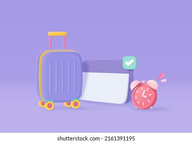 3D reminder in calendar with suitcase for travel tourism trip planning. Notifications for tourism and travel summer time concept. 3d vector calendar with clock alert planning render illustration