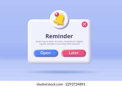 3D reminder concept. Notification with bells and options. Interface for mobile applications and programs. UI and UX design. Timetable and events, planning. Cartoon vector illustration