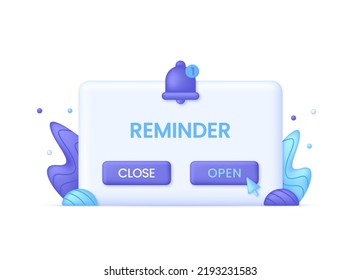 3D Reminder isolated on white background. Notifications page. Business planning, reminder, timetable, events. Email marketing, online advertising concept. Vector in 3d style.