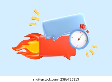 3D Reminder, message with timer or stopwatch on fire. Urgent alert, case. Task deadline. Vector illustration