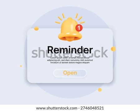 3D Reminder Notification Pop Up Template with Yellow Bell Icon. Business Planning Event Alert and Timetable App UI Vector Illustration