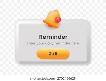 Pop-up de notificação de lembrete 3D com um ícone de sino brilhante e botão de ação para aplicativo ou interface da Web.