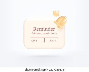 3D reminder notifications page with floating elements. Alert for business planning ,events, reminder and timetable in background. 3d vector bell render on calendar.