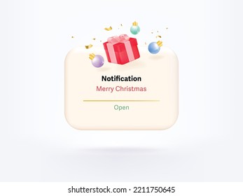 3D reminder notifications page with floating elements. Alert for Merry Christmas events, reminder and timetable in background. 3d vector gift render on calendar.