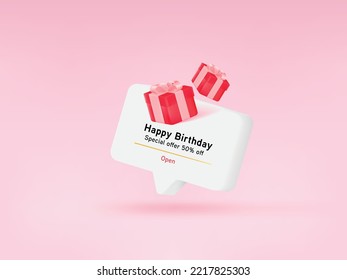 3D reminder notifications page with floating elements. Alert for Happy Birthday, reminder and timetable in background. 3d vector gift render on calendar.