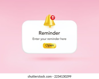 3D reminder notifications page with floating elements. Alert for business planning ,events, reminder and timetable in background. 3d vector bell render on calendar.