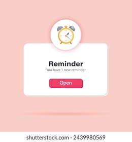 3D-Erinnerung. Popup-Seite mit Erinnerungswecker. Social Media, Geschäfts- oder Veranstaltungsplanung. Vektor