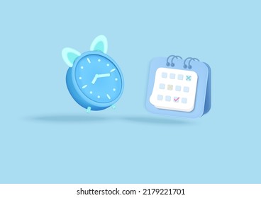 3D Reminder Round Clock And Calender On Light Blue Pastel. Notificatons For Planning, Travel, Business. Minimal Cartoon Icon. Vector Illustration