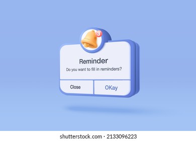 3D reminder or warning on blue background. notifications page with floating reminder. Alert for business notification 3d, events, reminder and timetable in background. 3d notification vector render