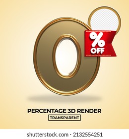 3D render 0 percentage number for product sale, promo, discount  gold style element