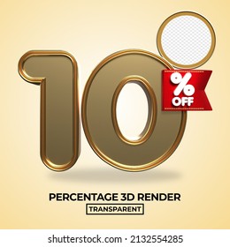 3D render 10 percentage number for product sale, promo, discount  gold style element