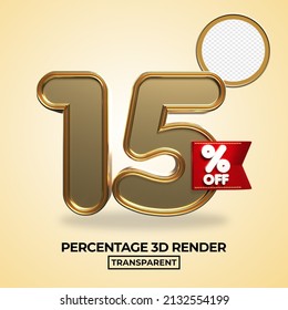 3D Render 15 Percentage Number For Product Sale, Promo, Discount  Gold Style Element