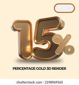3D render 15% percentage number gold style for discount, sale discount, work progress, percent