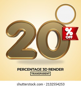 3D render 20 percentage number for product sale, promo, discount  gold style element