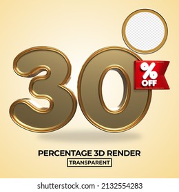 3D Render 30 Percentage Number For Product Sale, Promo, Discount  Gold Style Element