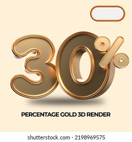 3D render 30% percentage number gold style for discount, sale discount, work progress, percent