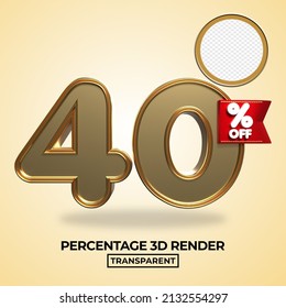 3D render 40 percentage number for product sale, promo, discount  gold style element