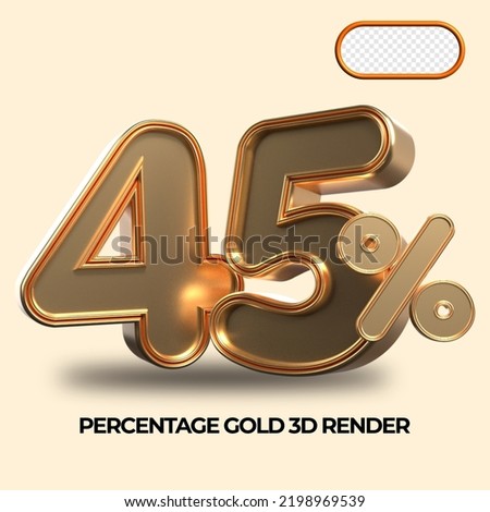 3D render 45% percentage number gold style for discount, sale discount, work progress, percent