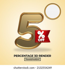 3D render 5 percentage number for product sale, promo, discount  gold style element