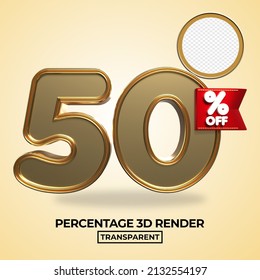 3D render 50 percentage number for product sale, promo, discount  gold style element