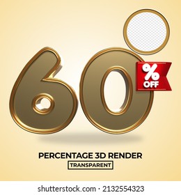 3D render 60 percentage number for product sale, promo, discount  gold style element