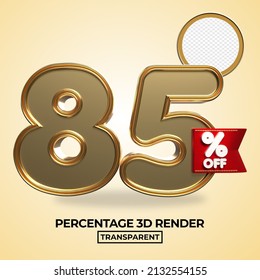 3D render 85 percentage number for product sale, promo, discount  gold style element