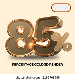 3D render 85% percentage number gold style for discount, sale discount, work progress, percent