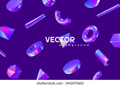 3d render abstract background with primitive shapes. Realistic 3d sphere, torus, cone, cube, tube. Glossy holographic geometric shapes. Iridescent trendy design, thin film effect. Vector.