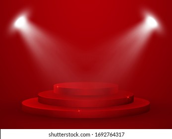 3D Render of Abstract Composition with Podium. Studio with Round Pedestal and Space. Futuristic Interior Backdrop for Landing Page, Showcase, Product Presentation.