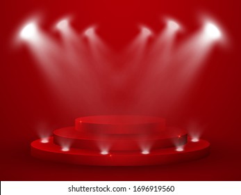 3D Render of Abstract Composition with Podium. Studio with Round Pedestal and Space. Futuristic Interior Backdrop for Landing Page, Showcase, Product Presentation.