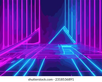 3d render, abstract minimal neon background, pink blue neon lines going up, glowing in ultraviolet spectrum. Cyber space. Laser show.