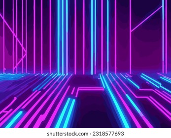 3d render, abstract minimal neon background, pink blue neon lines going up, glowing in ultraviolet spectrum. Cyber space. Laser show.
