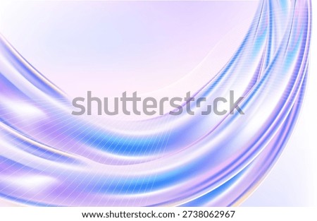 3D render of an abstract nature landscape featuring a transparent glossy glass ribbon floating on water. Holographic curved wave in dynamic motion with iridescent gradient reflections. Modern business background 