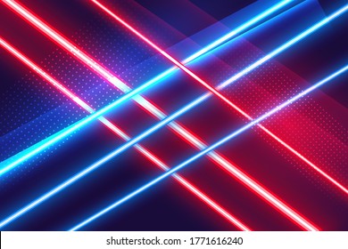 3d render, abstract neon background. red & blue cross style spectrum. Red blue glowing light, laser rays, crossing lines with reflections.