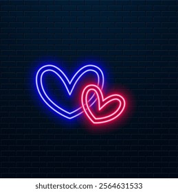 3d render, abstract neon background with two pink blue heart frames. Modern minimal line art. Valentines Day romantic signs glowing in the dark.