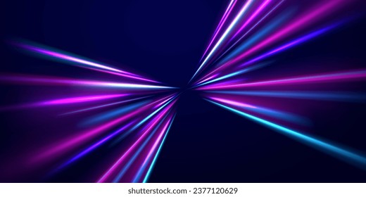 3d representación, fondo vectorial de neón abstracto, túnel espacial girando a la izquierda, rayos ultravioletas. Futuro efecto de luz de línea de velocidad de tecnología, material de fondo de estilo ciberpunk con un sentido de tecnología.