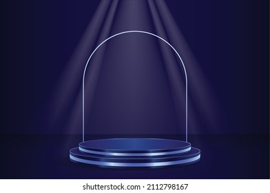 3d render abstract platforms with golden, dark blue shapes and curtains. Geometric figures in modern minimal design. Realistic mock up for promotion, banners background, product show.