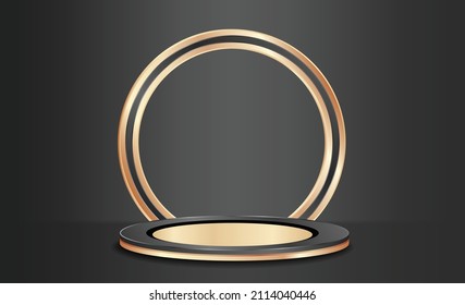 3d render abstract platforms with golden, dark shapes and curtains. Geometric figures in modern minimal design. Realistic mock up for promotion, banners background, product show.