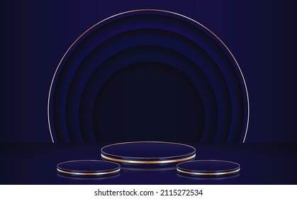 3d render abstract platforms with golden, dark blue shapes and curtains. Geometric figures in modern minimal design. Realistic mock up for promotion, banners background, product show.