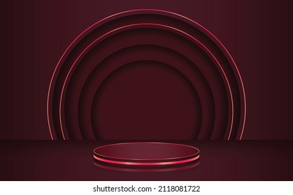 3d render abstract platforms with golden, dark red shapes and curtains. Geometric figures in modern minimal design. Realistic mock up for promotion, banners background, product show.