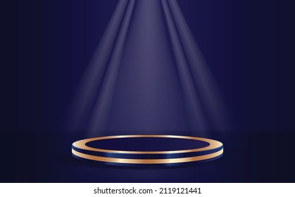 3d render abstract platforms with golden, dark blue shapes and curtains. Geometric figures in modern minimal design. Realistic mock up for promotion, banners background, product show.