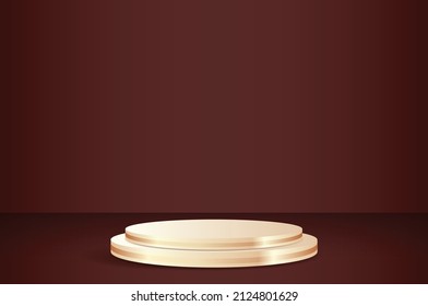 3d render abstract platforms with golden, dark red background. modern stage with minimal design. Realistic mock up for promotion, banners background, product show.
